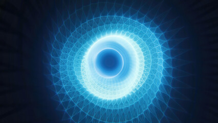 Wall Mural - A glowing blue vortex with geometric wireframe patterns converging toward the center, creating a futuristic and digital abstract tunnel tech sci-fi effect