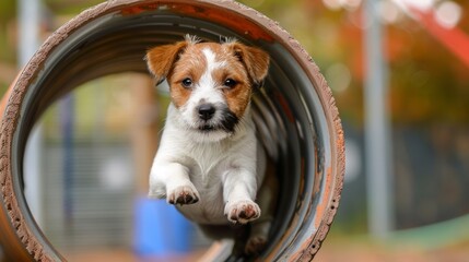 Playful young jack russell terrier puppy happily jumps through a tunnel in a sunny park, exuding joy and energy