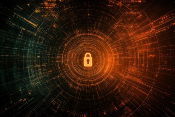 Poster - A computer screen displays a central lock icon surrounded by dynamic, colorful data patterns, emphasizing cybersecurity measures. Generative AI