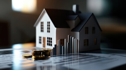 close up of model house with coins and loan rate chart, symbolizing property purchase options. scene conveys financial planning and investment strategies