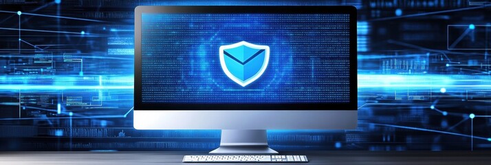 Leinwandbilder - The computer screen shows a prominent protection icon, symbolizing active cybersecurity and digital safety measures in a modern workspace. Generative AI