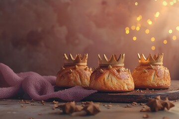 three round pies with golden crowns on a wooden tray