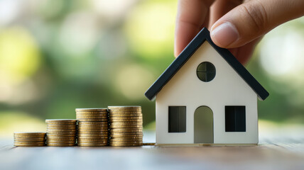 hand placing small house model next to stacks of coins, symbolizing financial investment and savings. soft natural light enhances scene warmth and optimism