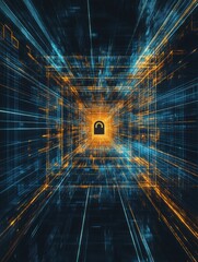 Aufkleber - The computer screen features a prominent lock icon in the center, surrounded by vibrant blue and orange data streams, symbolizing cybersecurity. Generative AI