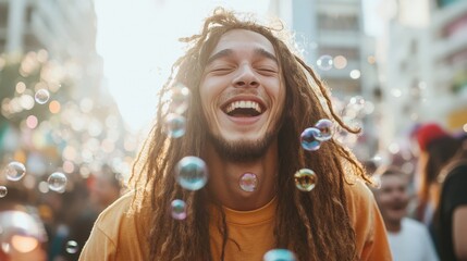 Joyful Performer Blowing Bubbles in a Festive Atmosphere