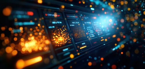 Poster - Abstract digital background featuring bright particles and light effects, creating a futuristic ambiance with vibrant colors and glowing elements.