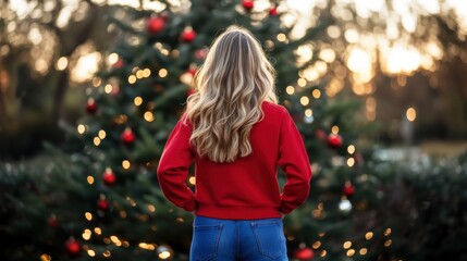 Woman admiring decorated Christmas tree during sunset