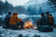 © Pixel World Vision  - Friends sharing warmth and hot drinks by a campfire in the snowy mountains during winter