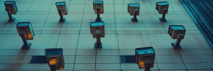Poster - Numerous surveillance cameras are strategically positioned on the office building's exterior, ensuring security and monitoring. Generative AI