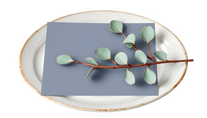 Menu card mockup with a eucalyptus branch on a plate, 4x9 ratio isolated with white highlights, png