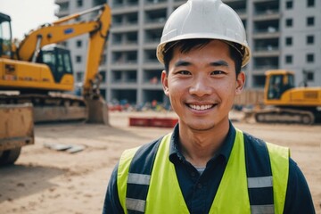 Close portrait of a smiling young Chinese man construction worker looking at the camera, Chinese outdoors construction site blurred background