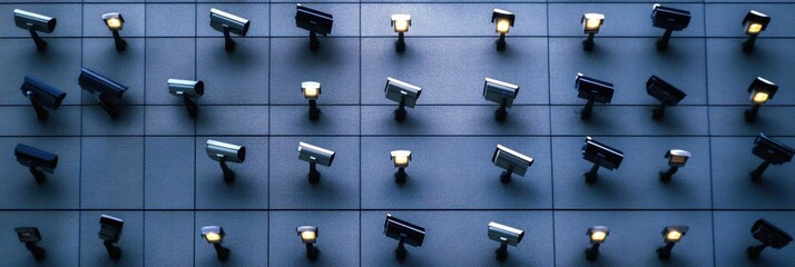 Poster - Surveillance cameras monitor the exterior of a contemporary office building, ensuring security and safety throughout the day. Generative AI