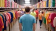 © nattapon98 - A man stands in a colorful clothing store, surrounded by rows of vibrant shirts, observing the busy shopping atmosphere.