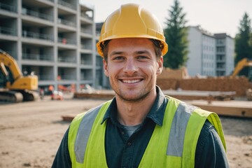 Close portrait of a smiling young German man construction worker looking at the camera, German outdoors construction site blurred background