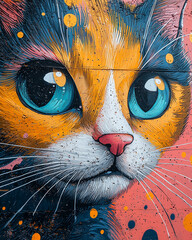  colorful cat face mural, eyes like windows to a soul, set against a backdrop of urban splatter