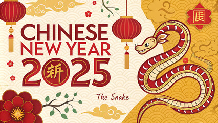 Chinese New Year 2025 The Snake, with red lanterns and flowers, celebrating the year of the snake against a traditional Chinese pattern background.