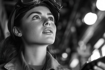 a serious female industrial engineer wearing safety gear confidently using a tablet in a bustling metal manufacturing warehouse exemplifying strength and expertise in a demanding work environment