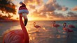 © Khawla - pink flamingo wearing santas hat, exotic beach with palm tress in the background