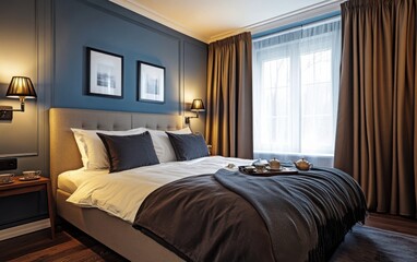 A serene and inviting bedroom showcasing gray-blue walls, a plush bed with a dark gray blanket, and a wooden floor. 