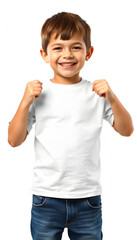 Wall Mural - Template of a happy kid showing his design print mockup t-shirt isolated with white highlights, png