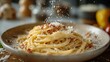 © EddieSnapix - A generous serving of authentic Italian spaghetti is elegantly presented on a rustic plate, garnished with freshly grated cheese. The atmosphere feels warm and inviting