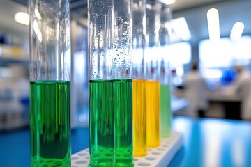 Test tubes with colored liquids in a lab setting.