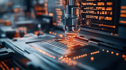 Wall Mural - Close-up of robotic arm with precise nozzle working on a microchip in high-tech laboratory setting with digital interface and glowing orange elements in background.