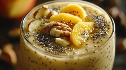 A close-up of a smoothie topped with superfoods like chia seeds, nuts, and fresh fruits, taken in a high-quality macro style. The textures and vibrant colors highlight nutrition.