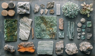 A top-view moodboard displaying samples of green, stone, and wood materials