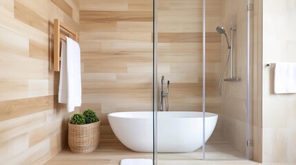 Minimalist bath retreat, glass shower, wooden textures, zen feel