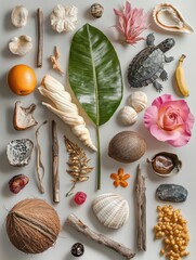 Flat Lay of Natural Elements Including Leaves, Shells, Flowers, and Fruits on a Neutral Background