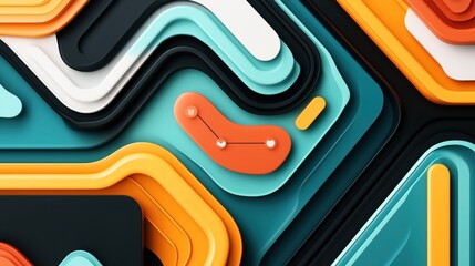 Abstract geometric composition with overlapping layers of colorful shapes and lines, featuring teal, orange, and black colors, creating a modern and dynamic design.