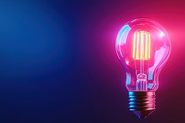 Illuminated light bulb on a blue and pink gradient background, white isolated background.