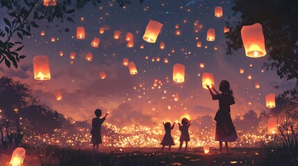 Silhouettes of people releasing glowing lanterns into the night sky, creating a magical atmosphere.