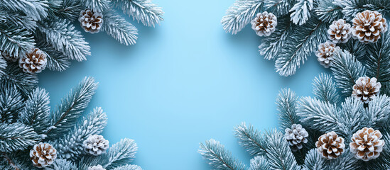 Wall Mural - Spruce tree decor top view, blue background. Merry Christmas and Happy Holidays greeting card, frame, banner. New Year. Noel. Winter xmas festive theme.	
