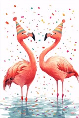 Two vibrant flamingos celebrate joyfully with party hats amidst colorful confetti in a festive atmosphere