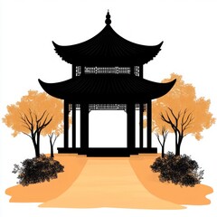 A black silhouette of a traditional Asian pagoda with trees and a path in front.