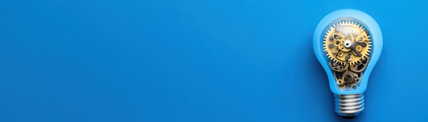 Wall Mural - a creative light bulb filled with gears on a blue background, symbolizing innovation and ideas in te