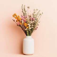 Wall Mural - A bouquet of colorful dried flowers in a white vase against a soft pink background.