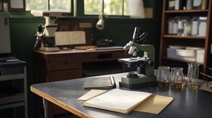 Vintage Microscope on a Lab Table with Glassware and Notebook