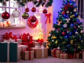 Beautifully decorated Christmas tree with colorful ornaments and fairy lights surrounded by gift boxes, festive, cozy