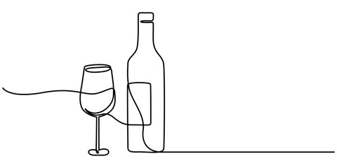 Wine bottle and wine glass drawing with one continuous line. One continuous line of a bottle and wine glass. Vector illustration., A bottle of wine and a glass icon line continuous drawing vector. 