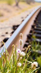 white flowers grow beside a railway track