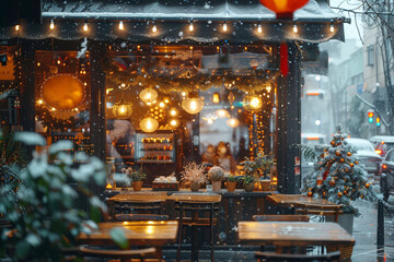 a charming cafe adorned with warm lights, holiday decorations, and snowfall, creating a cozy winter 