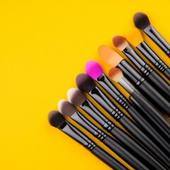 A collection of makeup brushes in different colors with black handles on a yellow background.