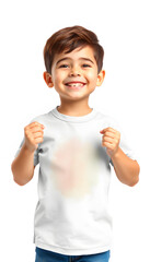 Wall Mural - Template of a happy kid showing his design print mockup t-shirt isolated with white highlights, png