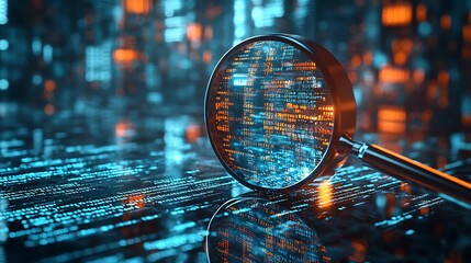 A magnifying glass over digital code representing
