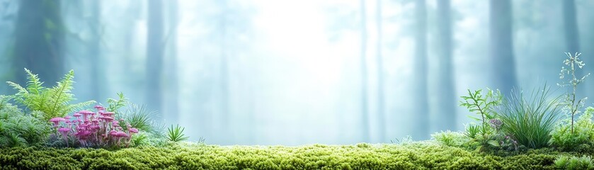 Moss in a misty forest scene, with diverse flora and fungi, capturing the process of photosynthesis in a biodiverse environment