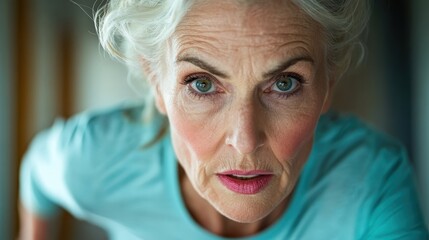 A close-up portrait of a senior woman with an intense expression, captured in the moment of deep focus and contemplation, highlighting mature beauty indoors.