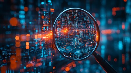 A magnifying glass over digital code representing